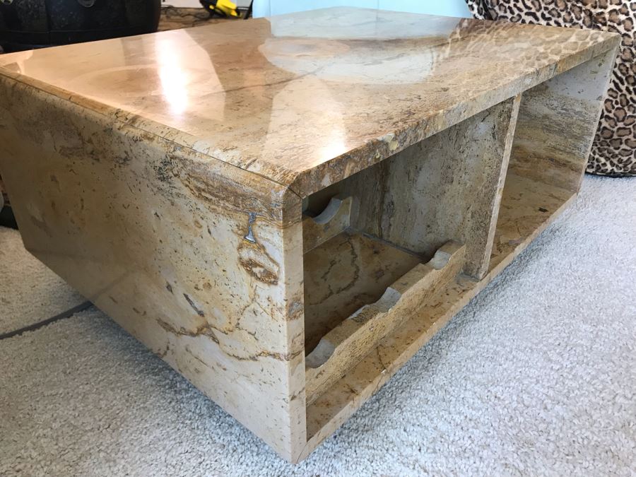 Solid Marble Table With Wine Storage And Overhead Wine Glass Storage On Casters [Photo 2]