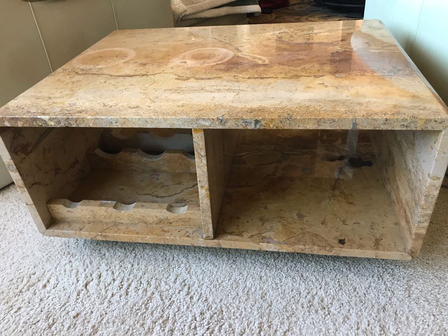Solid Marble Table With Wine Storage And Overhead Wine Glass Storage On Casters [Photo 3]