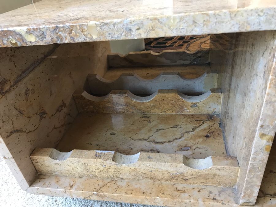 Solid Marble Table With Wine Storage And Overhead Wine Glass Storage On Casters [Photo 5]