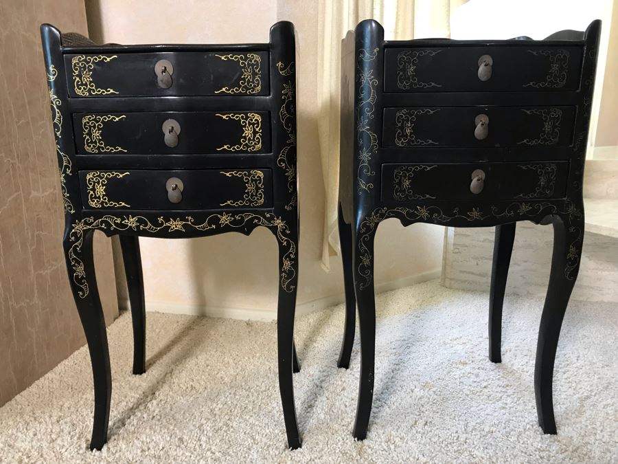 Pair Of Asian Black Lacquer 3-Drawer Side Tables 14W X 10.5D X 26H [Photo 2]