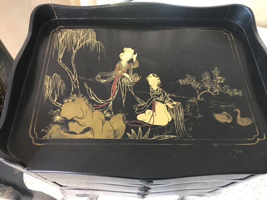 Pair Of Asian Black Lacquer 3-Drawer Side Tables 14W X 10.5D X 26H [Photo 7]