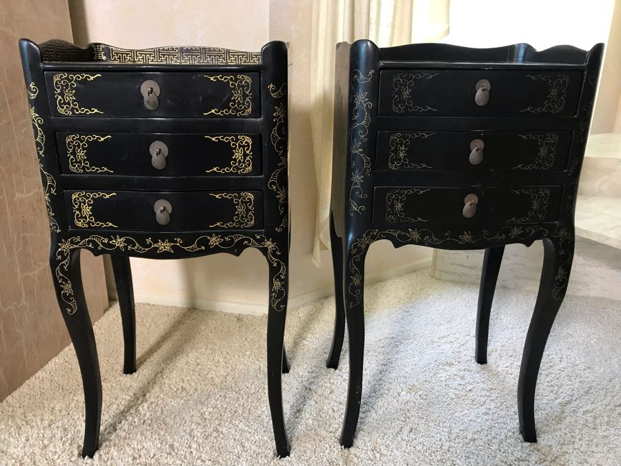 Pair Of Asian Black Lacquer 3-Drawer Side Tables 14W X 10.5D X 26H [Photo 1]