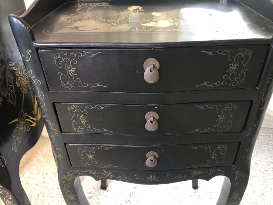 Pair Of Asian Black Lacquer 3-Drawer Side Tables 14W X 10.5D X 26H [Photo 8]