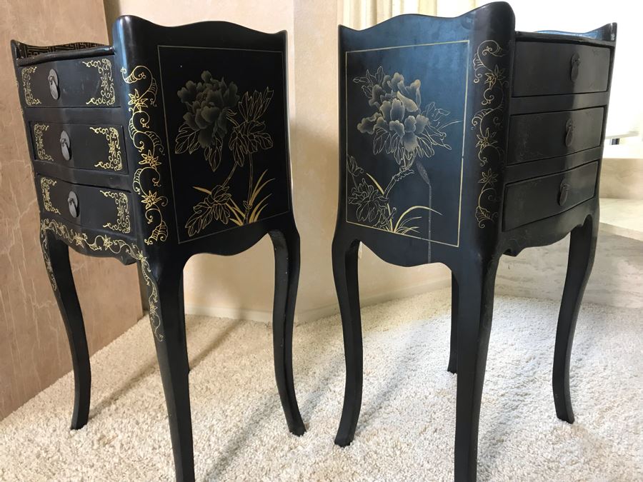 Pair Of Asian Black Lacquer 3-Drawer Side Tables 14W X 10.5D X 26H [Photo 9]