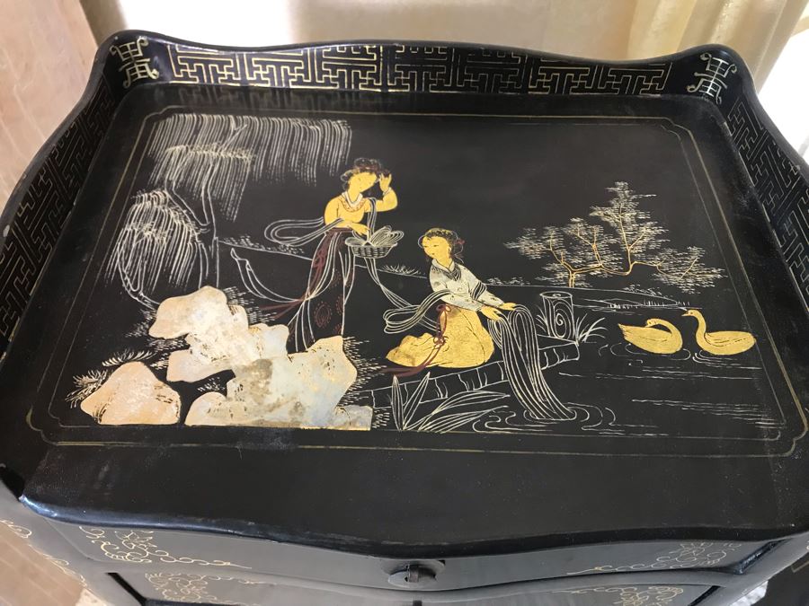 Pair Of Asian Black Lacquer 3-Drawer Side Tables 14W X 10.5D X 26H [Photo 4]