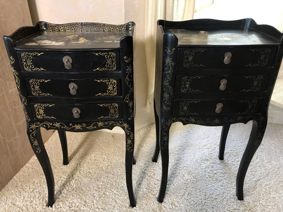 Pair Of Asian Black Lacquer 3-Drawer Side Tables 14W X 10.5D X 26H [Photo 3]