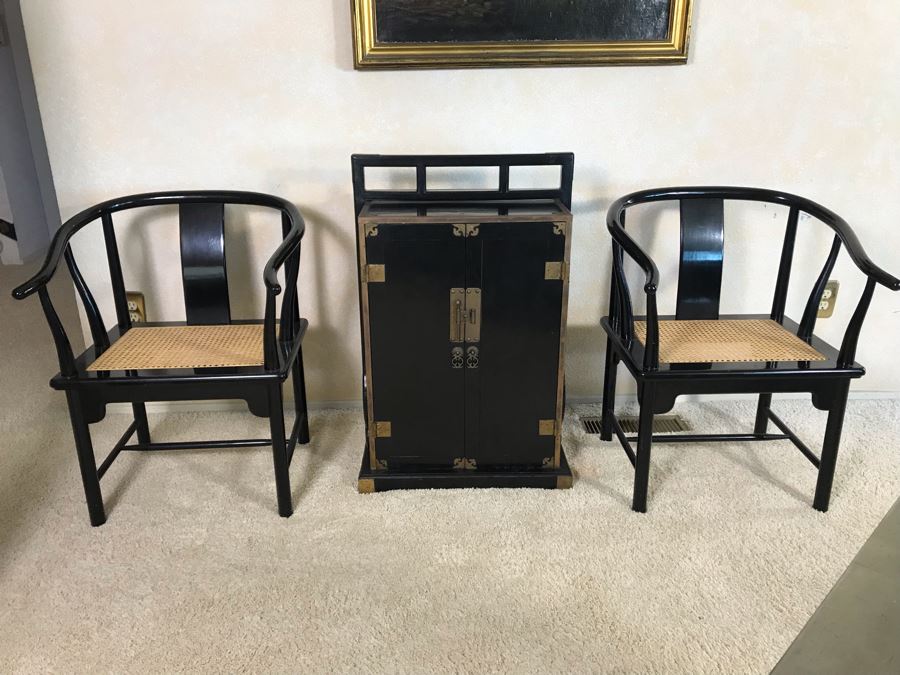 Pair Of Italian Black Wooden Armchairs With Cane Seats (With Red Cushions) [Photo 3]