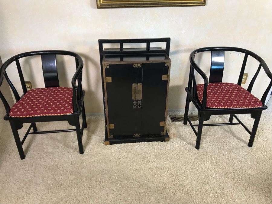 Pair Of Italian Black Wooden Armchairs With Cane Seats (With Red Cushions) [Photo 2]