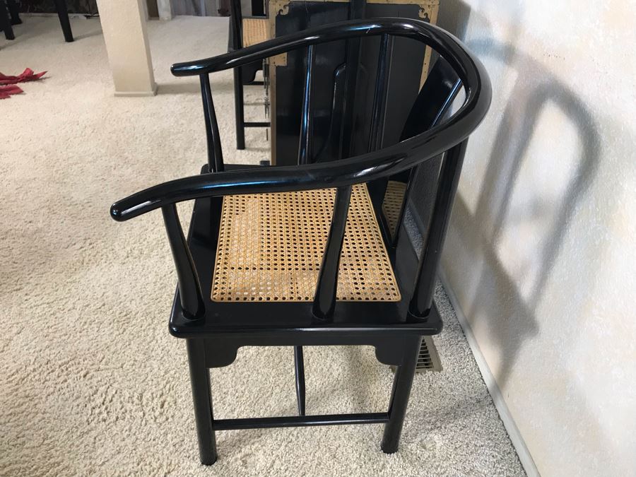 Pair Of Italian Black Wooden Armchairs With Cane Seats (With Red Cushions) [Photo 8]