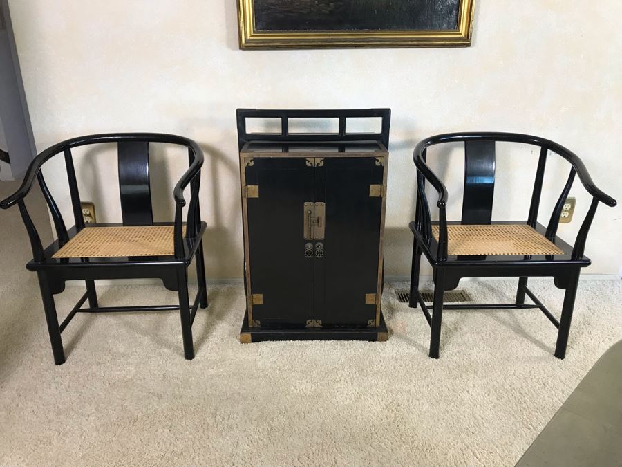 Pair Of Italian Black Wooden Armchairs With Cane Seats (With Red Cushions) [Photo 4]