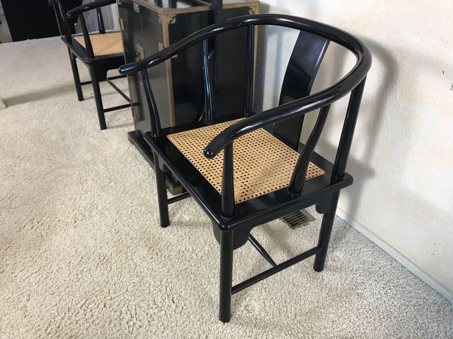 Pair Of Italian Black Wooden Armchairs With Cane Seats (With Red Cushions) [Photo 7]