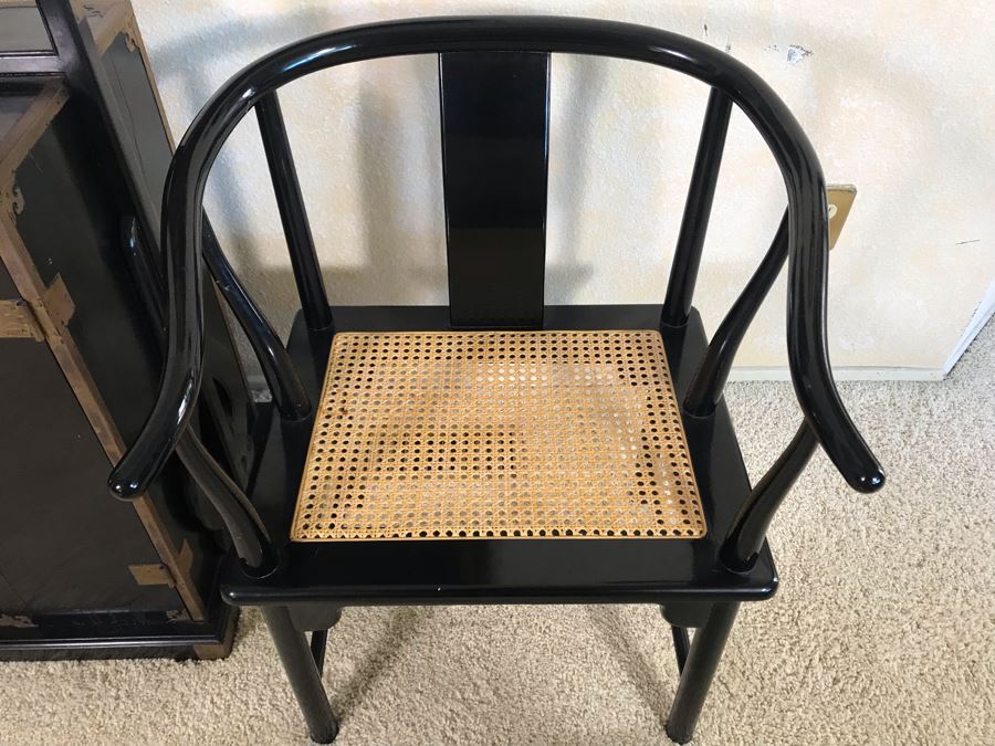 Pair Of Italian Black Wooden Armchairs With Cane Seats (With Red Cushions) [Photo 6]