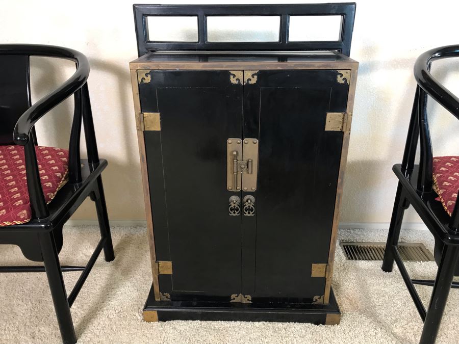 Vintage Asian Cabinet With Brass Hardware, Single Drawer And Three Shelves Lockable 22.5W X 18D X 34H [Photo 2]