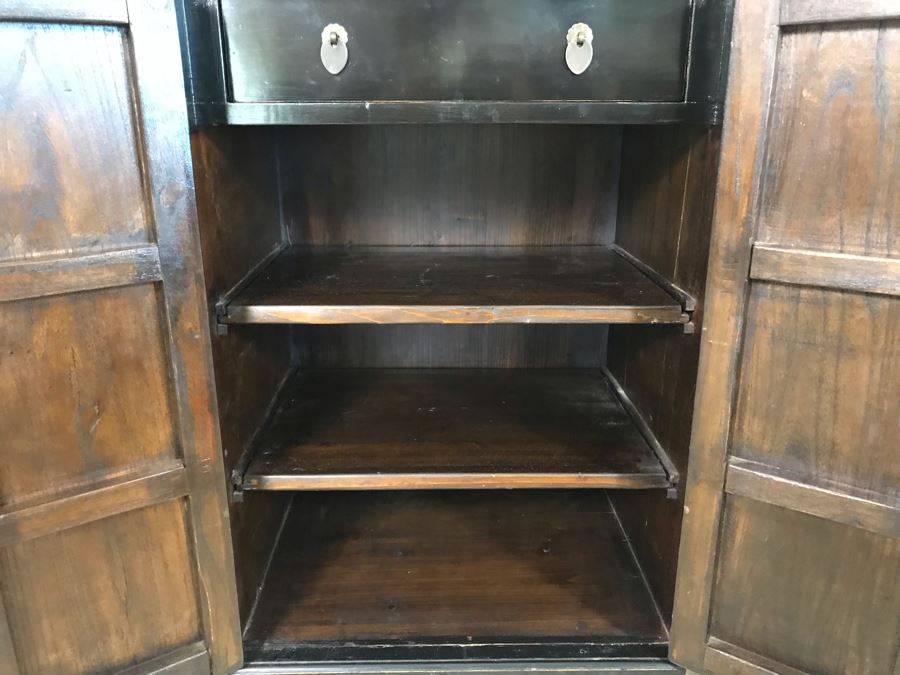 Vintage Asian Cabinet With Brass Hardware, Single Drawer And Three Shelves Lockable 22.5W X 18D X 34H [Photo 10]