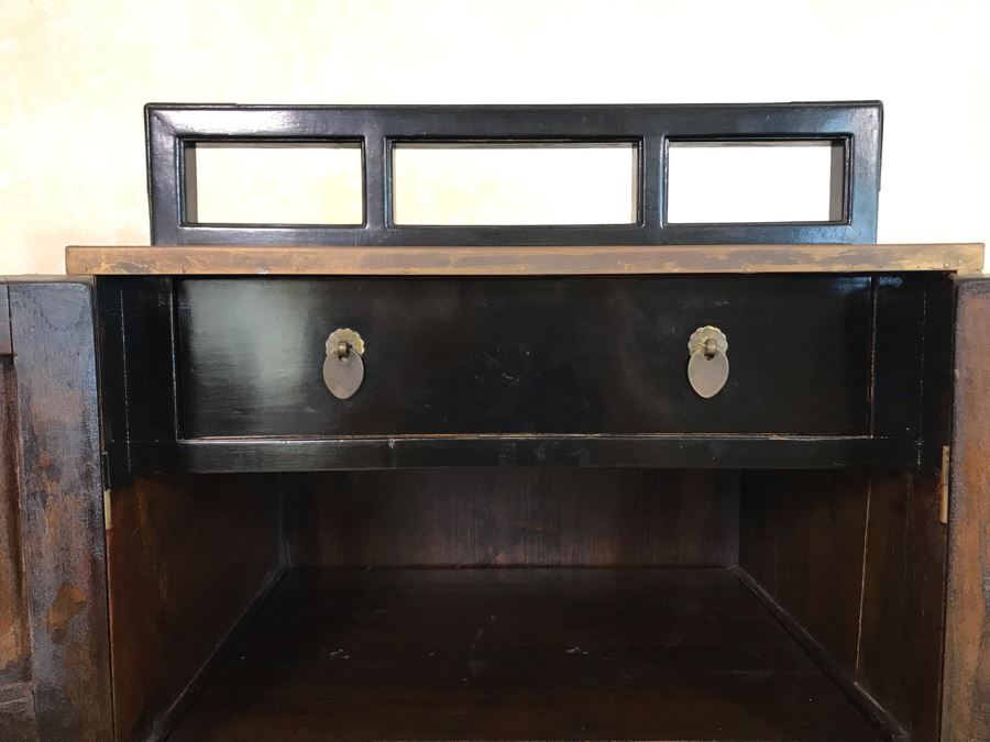 Vintage Asian Cabinet With Brass Hardware, Single Drawer And Three Shelves Lockable 22.5W X 18D X 34H [Photo 14]