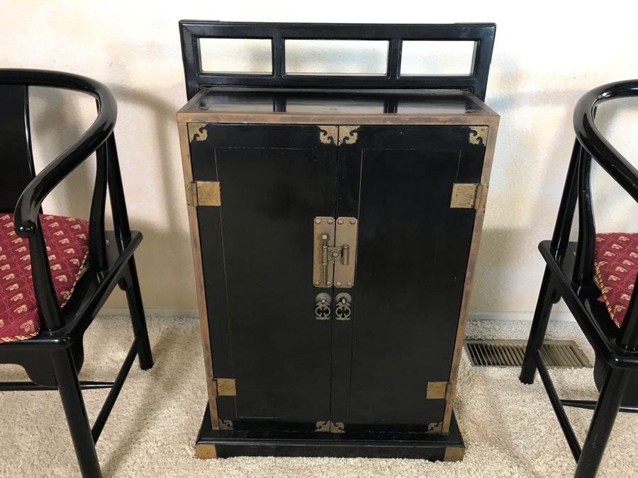 Vintage Asian Cabinet With Brass Hardware, Single Drawer And Three Shelves Lockable 22.5W X 18D X 34H [Photo 1]