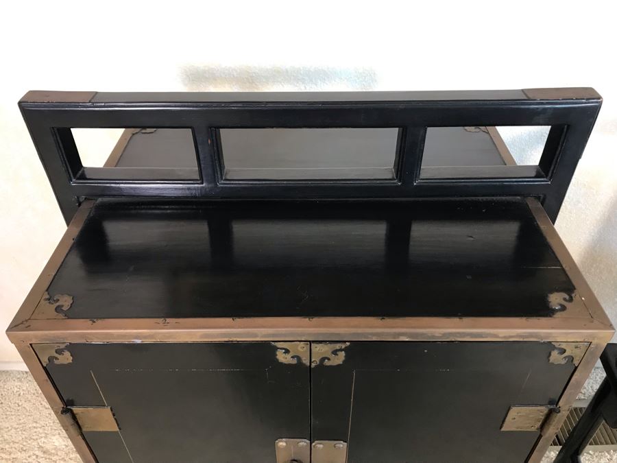 Vintage Asian Cabinet With Brass Hardware, Single Drawer And Three Shelves Lockable 22.5W X 18D X 34H [Photo 17]