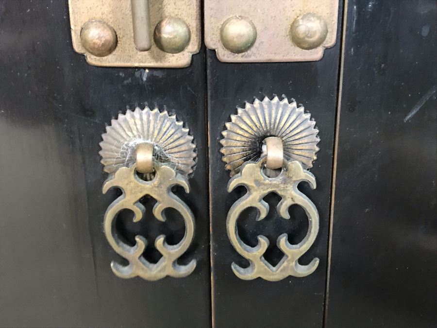 Vintage Asian Cabinet With Brass Hardware, Single Drawer And Three Shelves Lockable 22.5W X 18D X 34H [Photo 9]