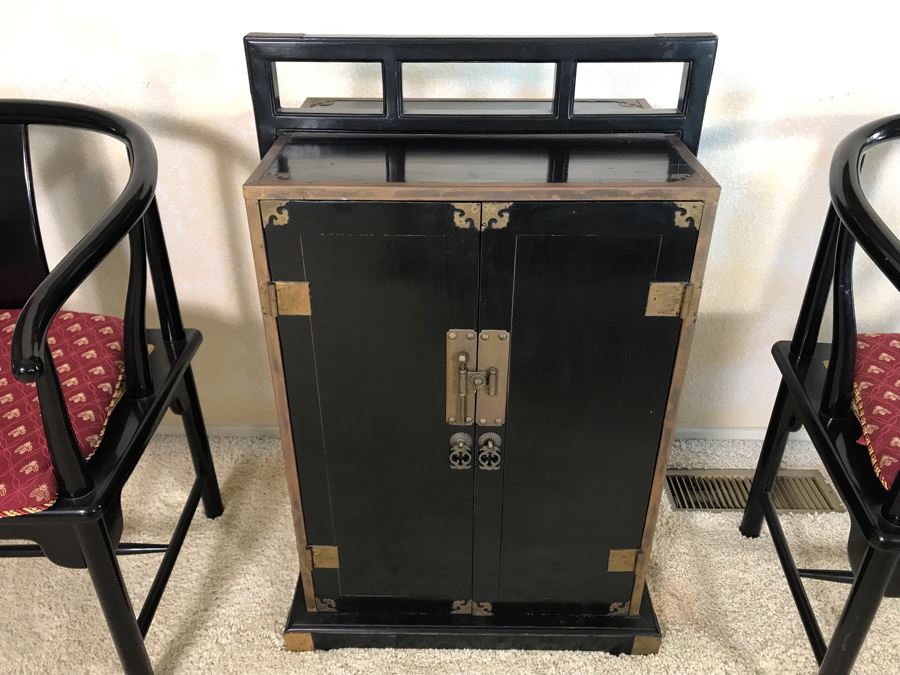 Vintage Asian Cabinet With Brass Hardware, Single Drawer And Three Shelves Lockable 22.5W X 18D X 34H [Photo 5]