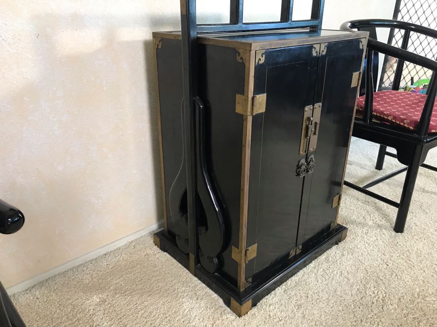Vintage Asian Cabinet With Brass Hardware, Single Drawer And Three Shelves Lockable 22.5W X 18D X 34H [Photo 6]