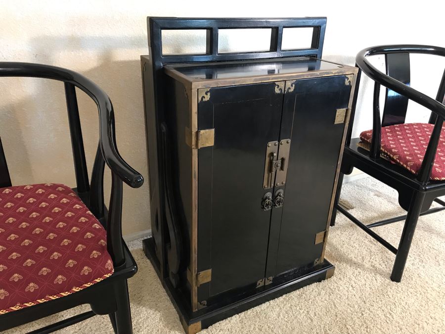 Vintage Asian Cabinet With Brass Hardware, Single Drawer And Three Shelves Lockable 22.5W X 18D X 34H [Photo 4]