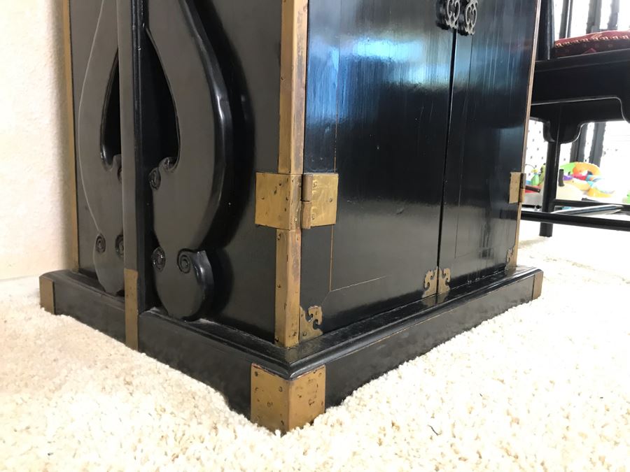 Vintage Asian Cabinet With Brass Hardware, Single Drawer And Three Shelves Lockable 22.5W X 18D X 34H [Photo 20]