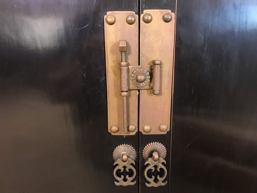 Vintage Asian Cabinet With Brass Hardware, Single Drawer And Three Shelves Lockable 22.5W X 18D X 34H [Photo 8]