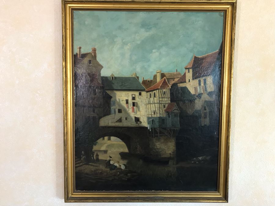 Original Antique Oil Painting No Signature Visible On Front - Pencil Signature On Back 32W X 39H [Photo 1]