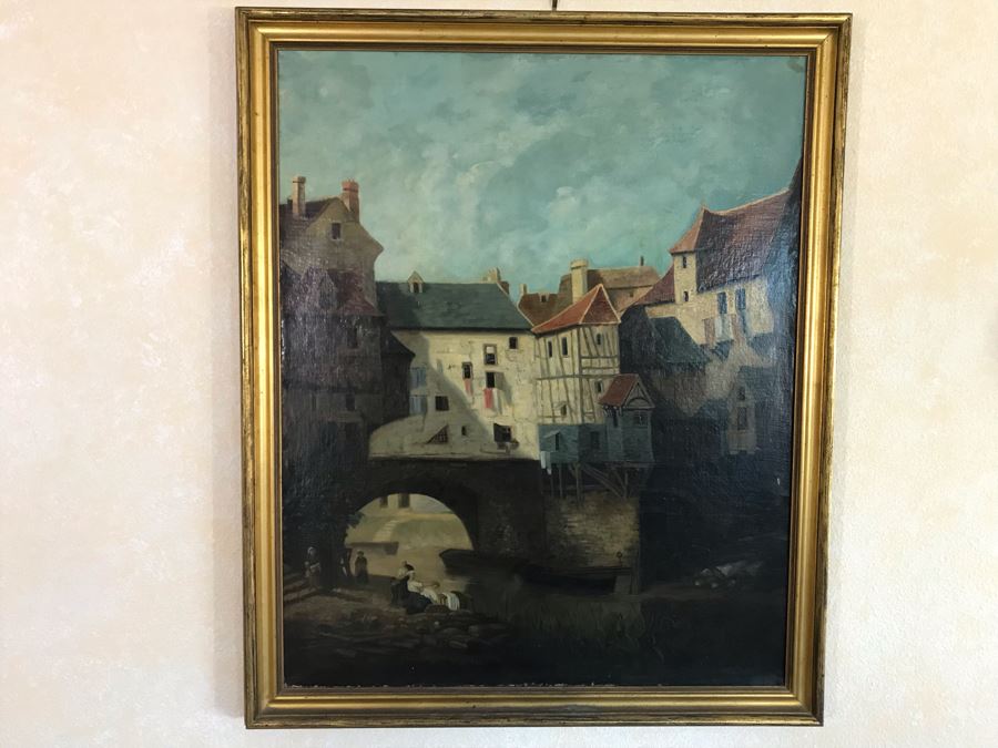 Original Antique Oil Painting No Signature Visible On Front - Pencil Signature On Back 32W X 39H [Photo 6]
