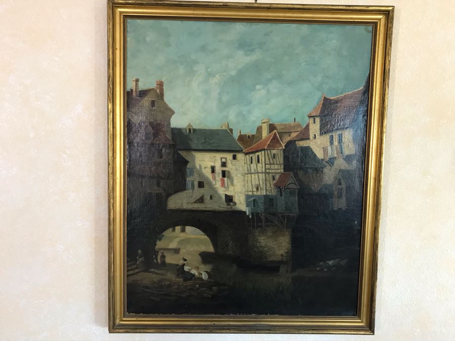 Original Antique Oil Painting No Signature Visible On Front - Pencil Signature On Back 32W X 39H [Photo 5]