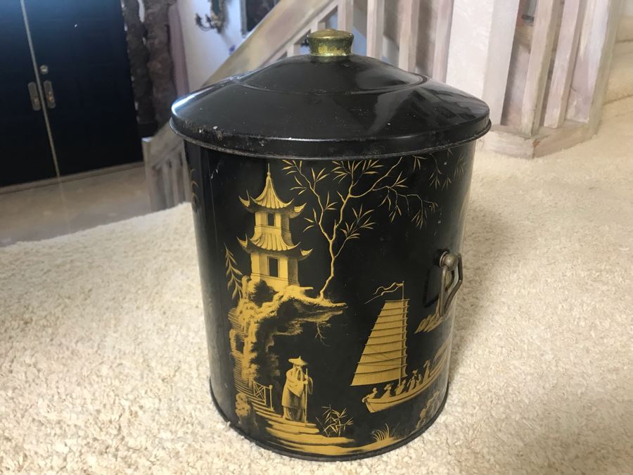 Vintage Worcester Ware Metal Retro Chinoiserie Trash Can Made In England (Missing One Handle) [Photo 2]