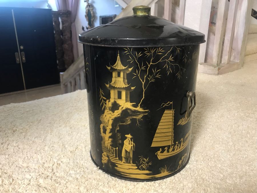 Vintage Worcester Ware Metal Retro Chinoiserie Trash Can Made In England (Missing One Handle) [Photo 1]