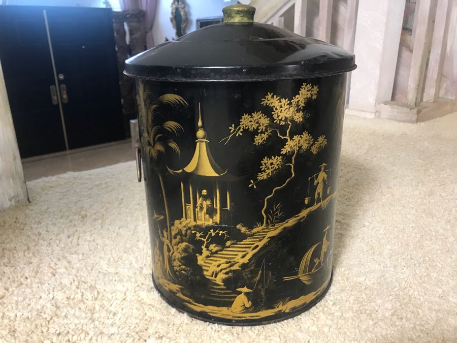 Vintage Worcester Ware Metal Retro Chinoiserie Trash Can Made In England (Missing One Handle) [Photo 3]