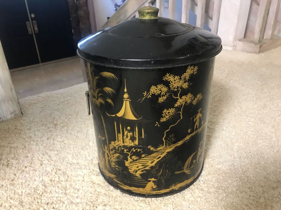 Vintage Worcester Ware Metal Retro Chinoiserie Trash Can Made In England (Missing One Handle) [Photo 4]