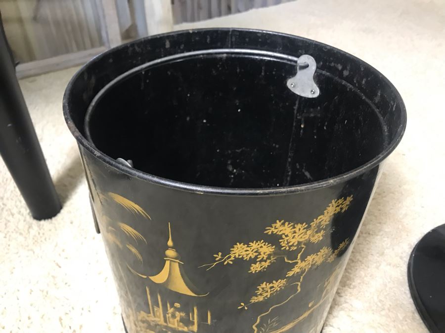 Vintage Worcester Ware Metal Retro Chinoiserie Trash Can Made In England (Missing One Handle) [Photo 8]