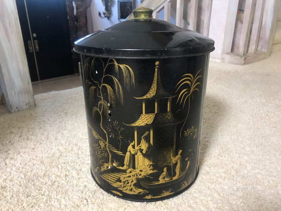 Vintage Worcester Ware Metal Retro Chinoiserie Trash Can Made In England (Missing One Handle) [Photo 5]