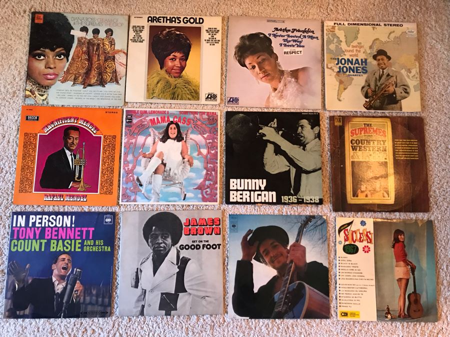 Vinyl Record Collection Including James Brown, Aretha Franklin, Bob Dylan, Mama Cass - (12) Records