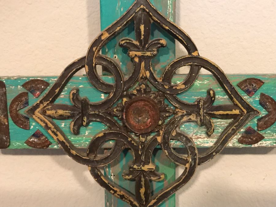 Mexican Folk Art Wooden Cross Candleholder With Metal Embelishments 11W X 24H [Photo 4]