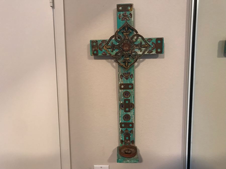 Mexican Folk Art Wooden Cross Candleholder With Metal Embelishments 11W X 24H [Photo 2]