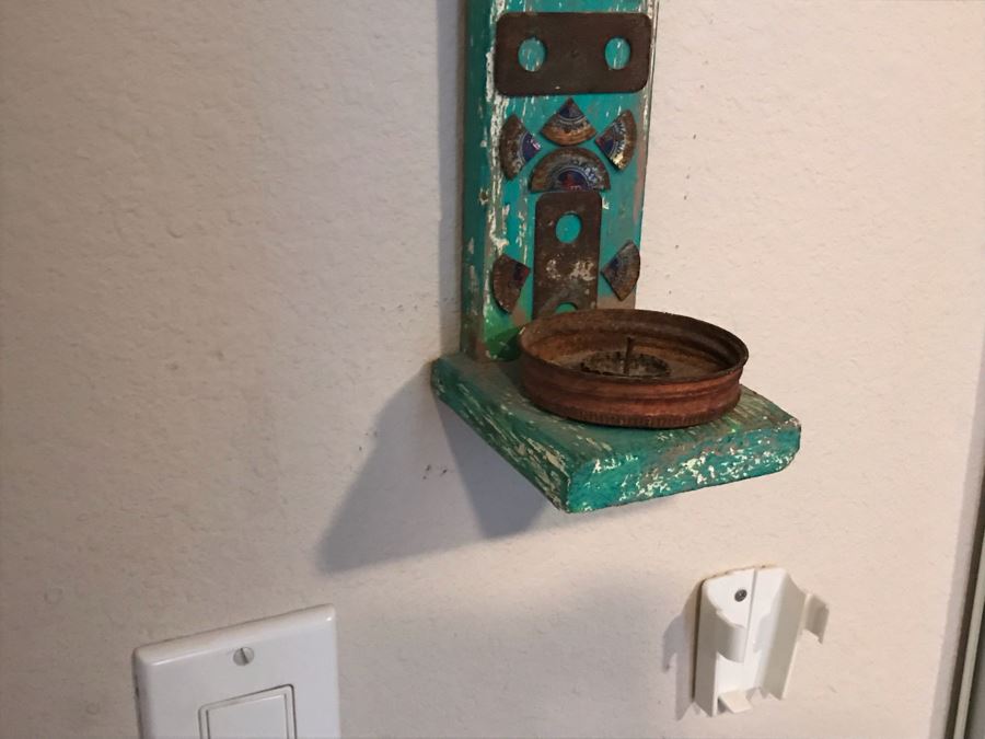 Mexican Folk Art Wooden Cross Candleholder With Metal Embelishments 11W X 24H [Photo 7]