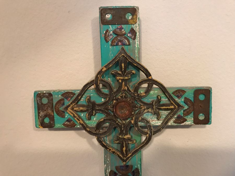 Mexican Folk Art Wooden Cross Candleholder With Metal Embelishments 11W X 24H [Photo 3]