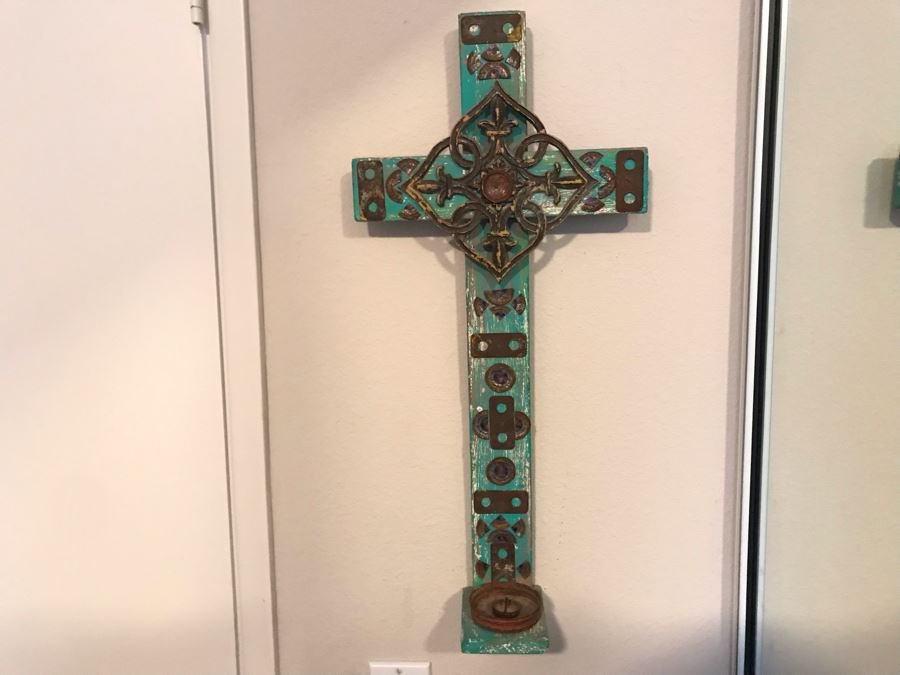 Mexican Folk Art Wooden Cross Candleholder With Metal Embelishments 11W X 24H [Photo 1]