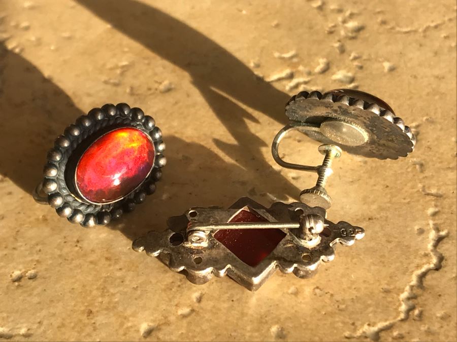 Vintage Sterling Silver Brooch Pendant And Vintage Sterling Silver Screw Back Earrings 15.1g [Photo 6]