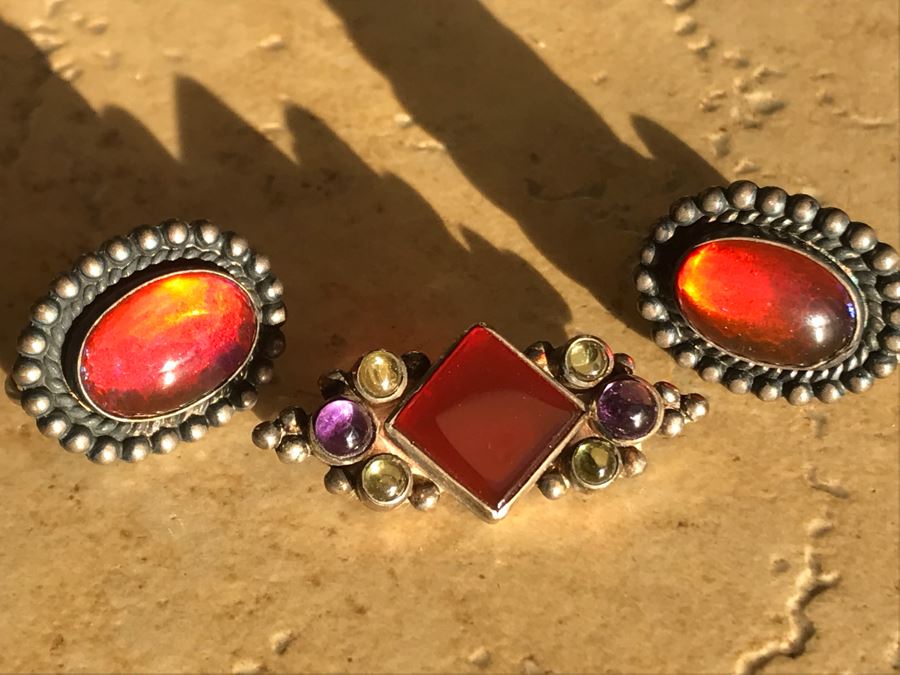 Vintage Sterling Silver Brooch Pendant And Vintage Sterling Silver Screw Back Earrings 15.1g [Photo 2]