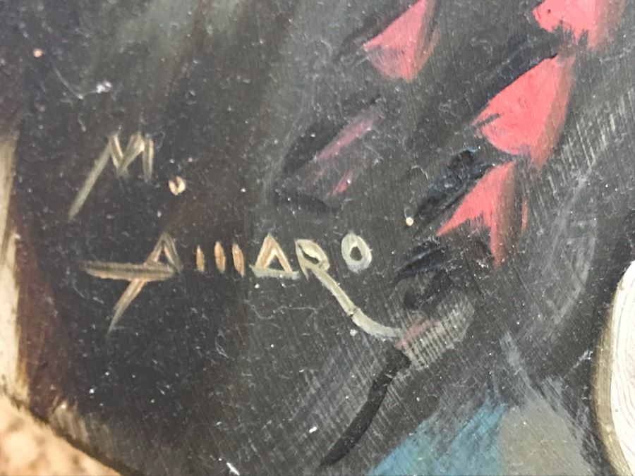 Original Native American Indian Chief Painting On Onyx By M. Amaro 17 X 13 [Photo 7]