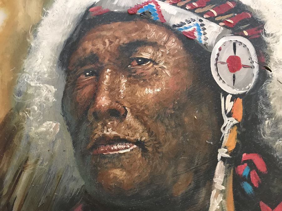 Original Native American Indian Chief Painting On Onyx By M. Amaro 17 X 13 [Photo 5]