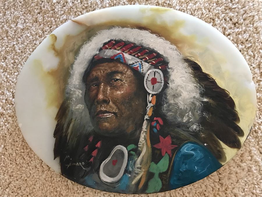 Original Native American Indian Chief Painting On Onyx By M. Amaro 17 X 13 [Photo 2]