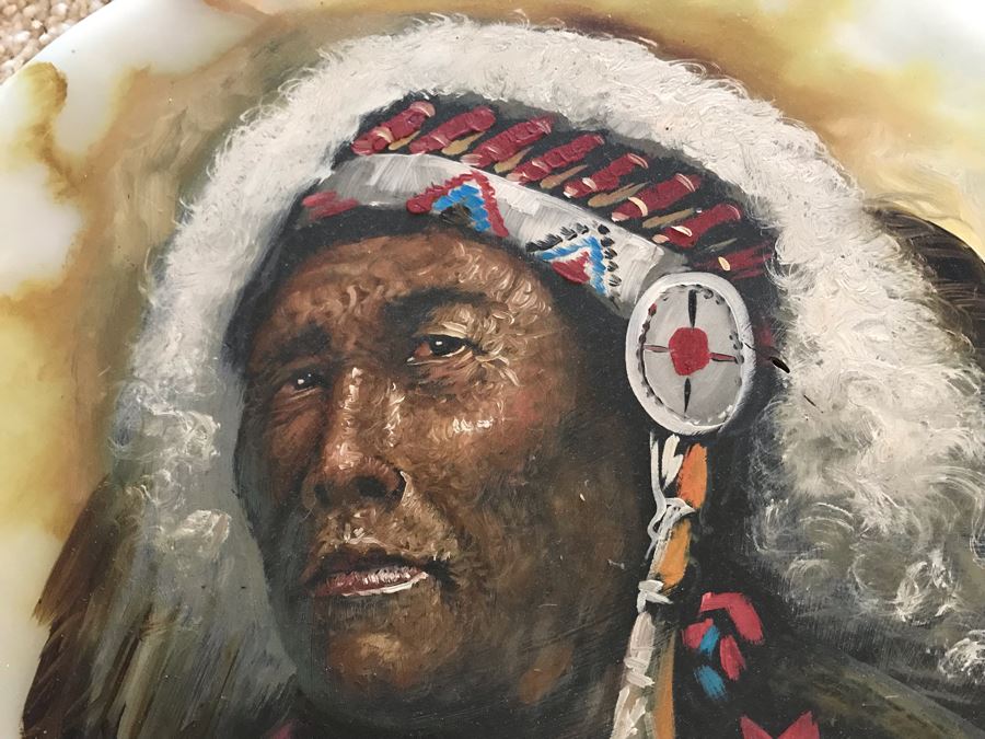 Original Native American Indian Chief Painting On Onyx By M. Amaro 17 X 13 [Photo 4]