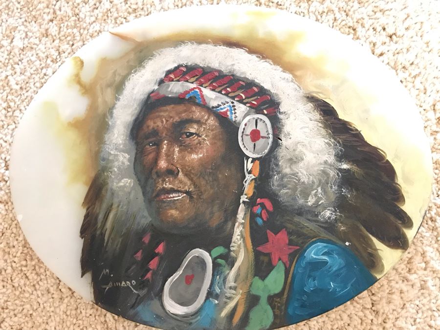 Original Native American Indian Chief Painting On Onyx By M. Amaro 17 X 13 [Photo 3]