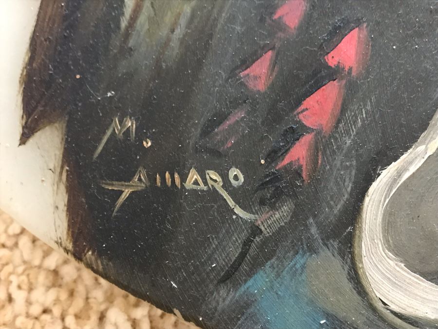 Original Native American Indian Chief Painting On Onyx By M. Amaro 17 X 13 [Photo 8]